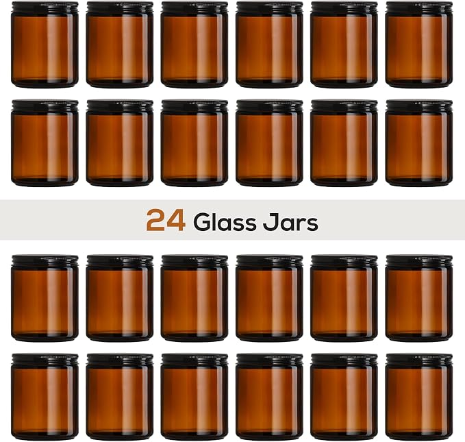 24 Pack, 8 OZ Thick Amber Candle Jars for Making Candle - Round Glass Jars with Lids - Empty Food Storage Containers, Canning/Mason Jar For Spice, Powder, Liquid, Sample - Leakproof & Food Grade