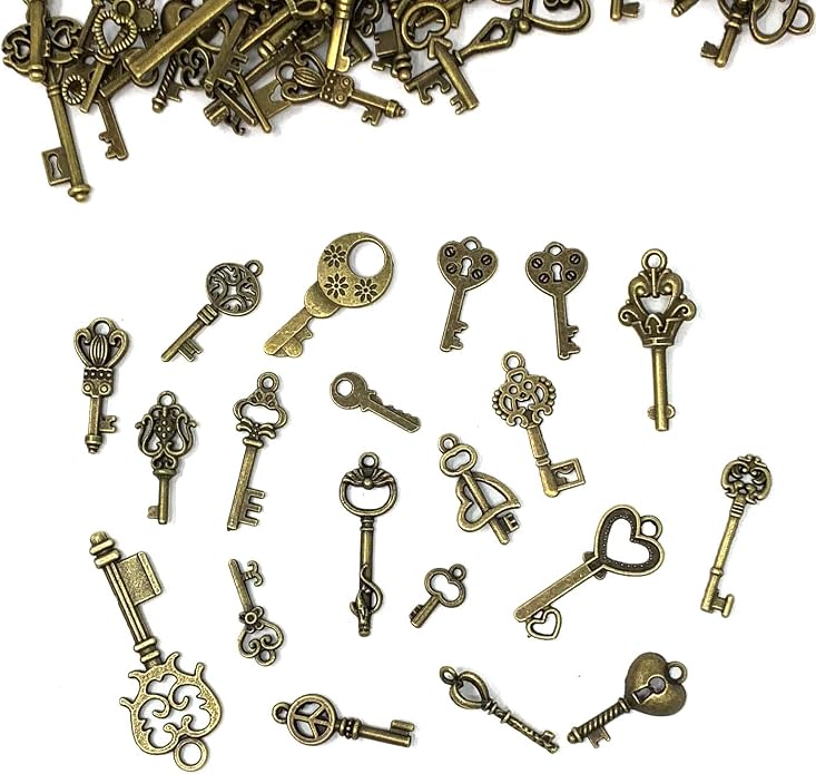 125 PCS Vintage Skeleton Key Set Charms, JIALEEY Mixed Antique Style Bronze Brass for Pendant DIY Jewelry Making Wedding Party Favors