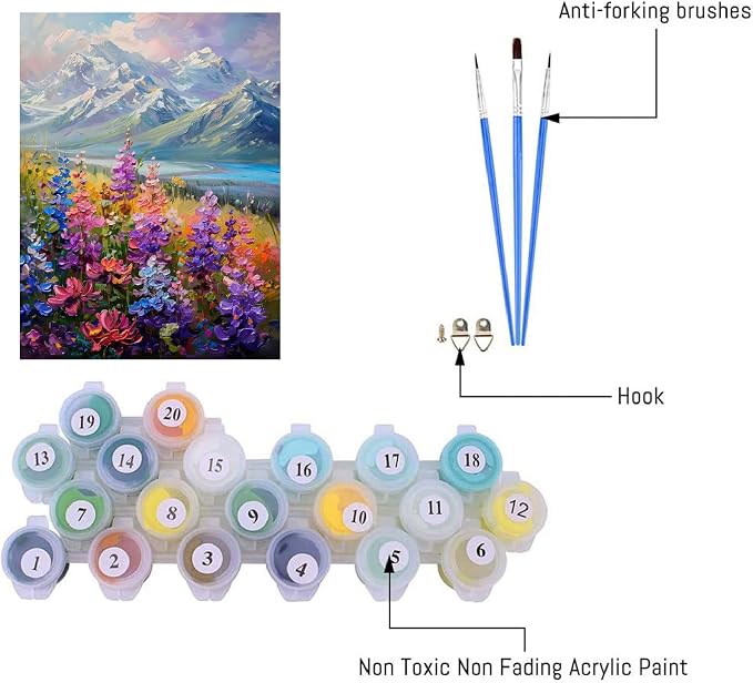 pchmcu Wild Flowers Paint by Numbers Kits for Adults - Mountain Flowers Paint by Number Adult,Landscape Canvas Paint by Numbers for Adults,DIY Oil Painting Kits for Gifts Home Decor 16x20in