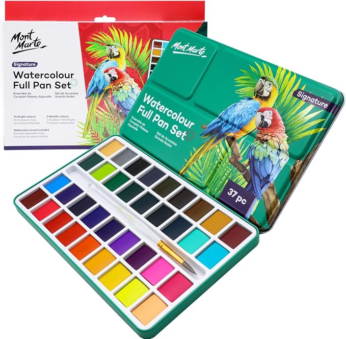 Mont Marte Watercolor Set Full Pan Signature in Tin, Vibrant 36 Colors, Multi-Color with Translucent Finish, Portable Watercolor Set
