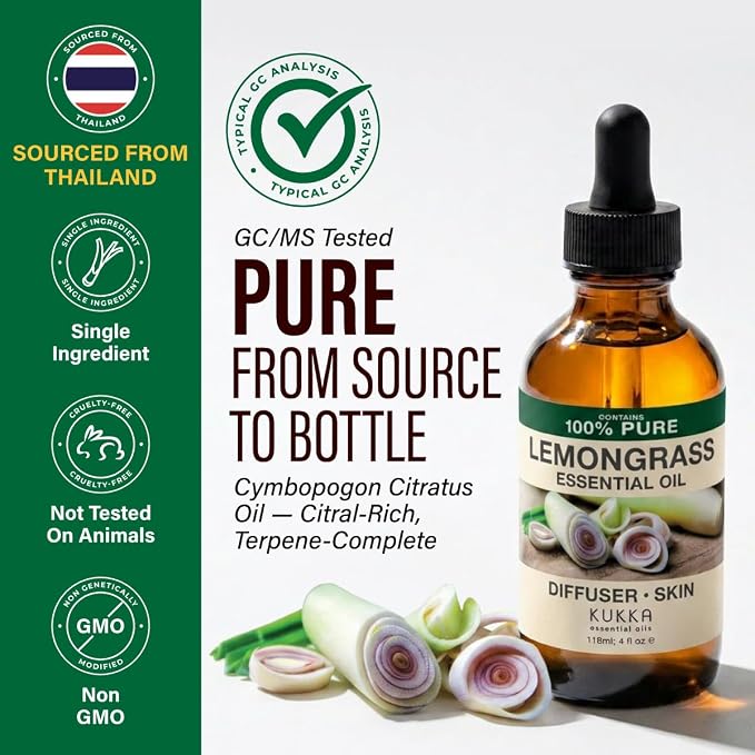Kukka 100% Pure Lemongrass Essential Oil for Skin, Diffuser, 4 Fl Oz | Undiluted for Skin, Diffuser, Aromatherapy and Massage Blends, Non-GMO, with Dropper, Lemon Grass Oil