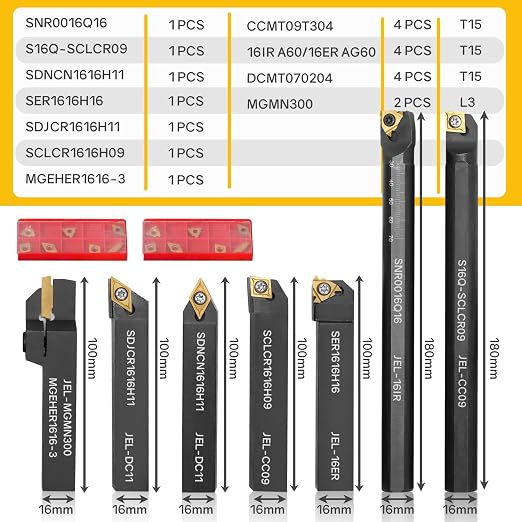 Indexable Lathe Turning Tool 21Pcs Kit 5/8'' 16mm Shank 7 Pcs Metal Lathe Tool Holder Set with 14 Pcs Turning Inserts for Turning Grooving Threading Boring Carbide Inserts Carbide Turning Tool
