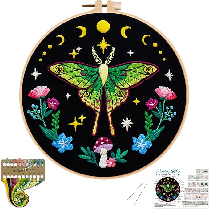 Nuberlic Moth Embroidery Kits for Beginners,Cross Stitch Kits | Embroidery Starter Needlepoint Including Cloth with Pattern, Hoop, Needles Instruction and Threads,Gifts and Home Decor
