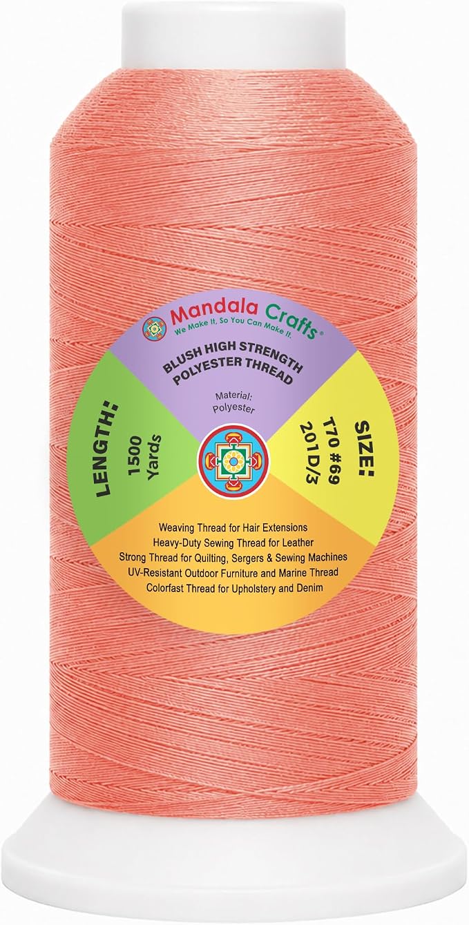 Mandala Crafts Blush Tex 70 Polyester Heavy Duty Thread for Upholstery | 1500 Yds T70 UV Resistant Strong Thread for Leather Sewing, Marine, Drapery, Jeans, Hair Weaving & Extension, Outdoor