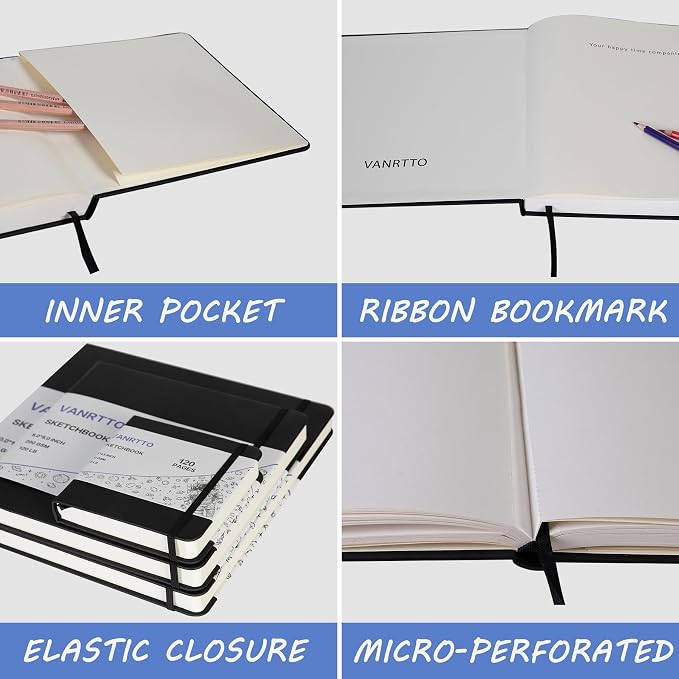 Vanrtto Hardcover Square Sketch Book, Mixed Media Sketchbook 8x8 Inch | Hardcover Square Sketchbook 120lb/200GSM Sketchbook Drawing Paper for Watercolor Mixed Media, 60 Sheets/120 Pages Sketch Pad