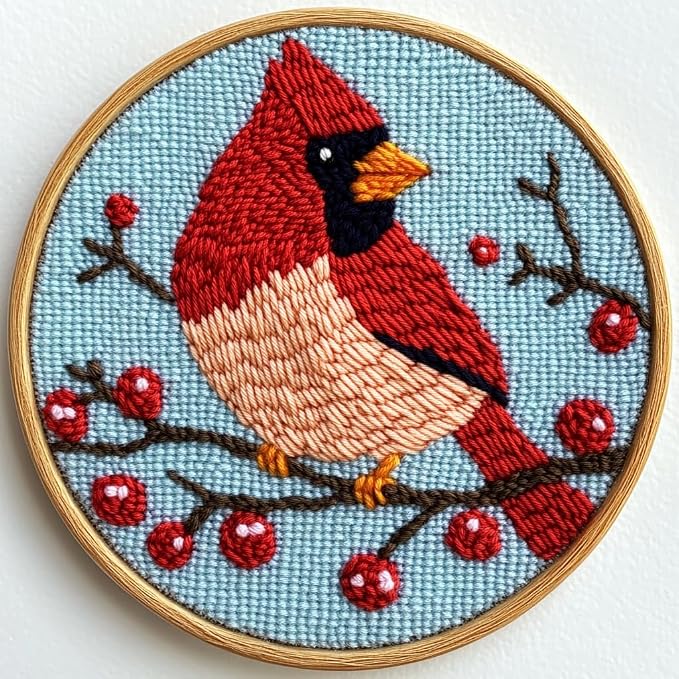 DIY Punch Needle Kits Red Cardinal on Red Berry Tree with Hoop 20x20cm-3 | with Pattern Stamped Easy for Beginners Embroidery Punch Needle Starter Craft Set for Adults Festival Gift and Decoration