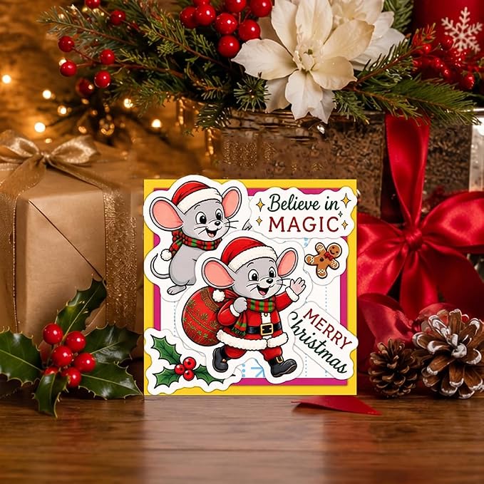 Card Making Stamps and Cutting Dies Set(Christmas Mouse) | Durable Silicone Stamps and High - Quality Carbon Steel Dies for Card Making, Photo Albums and Diary Decoration