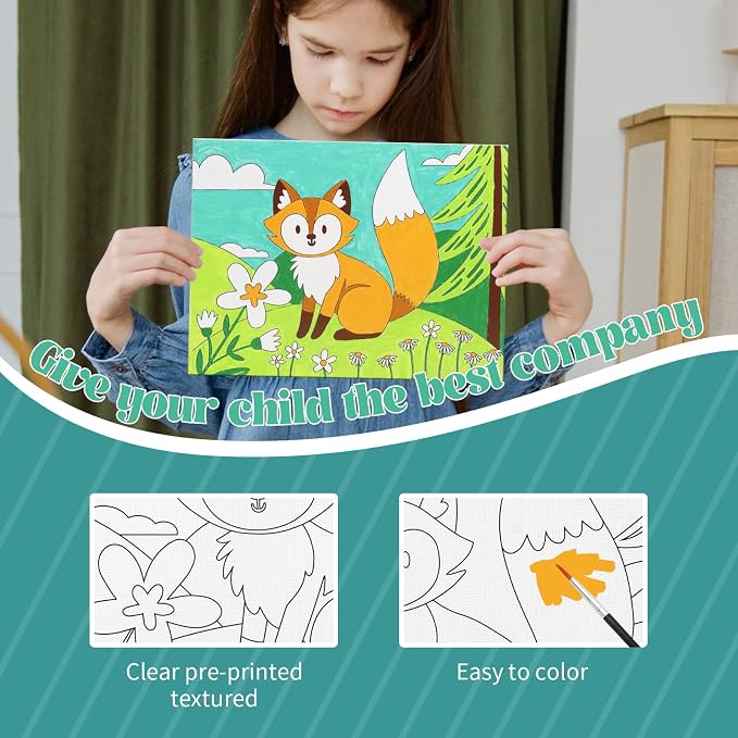 goldentime 8 Packs Predrawn Canvas for Painting Kids Painting Canvas for Kids Painting Kits for Kids 4-8, 48 Paints, 8 Brushes 2 Easels, 8 6x8 Printed Canvas to Paint for Girls Boys and Beginners