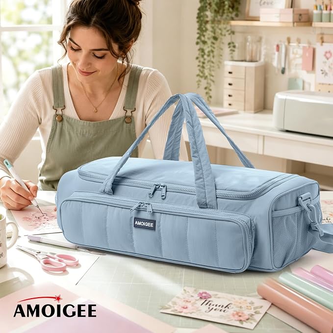 AMOIGEE Puff Carrying Case for Cricut Explore 5, Quilted Storage Bag for Die-Cutting Machine, Travel Craft Tote with Pockets for Vinyl, Tools, Mats and Cricut Accessories and Suppliers