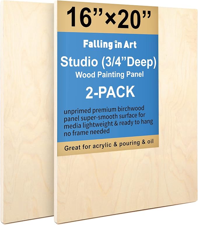 Falling in Art 2 Pack 16x20 Unfinished Birch Wood Panels Kit for Painting | Studio 3/4’’ Deep Wood Canvas, Cradle Boards for Acrylic Pouring, Art, Crafts, Epoxy Resin, Laser Engraving Cutting