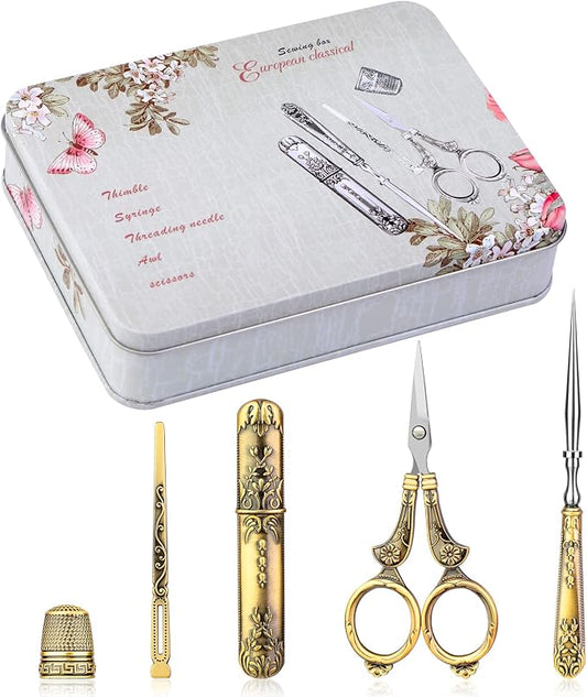 BUTUZE Embroidery Scissors Kit,European Antique Vintage Sewing Kit,Complete Vintage Sewing Tools with Embroidery Scissors,Original Case,Sewing Needle Case,Awl for Sewing,Craft,Needlework