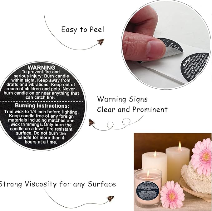 1000 PCS Black Candle Safety Stickers, 1.5 inch Round, Waterproof, Modern Style, Candle Warning Labels