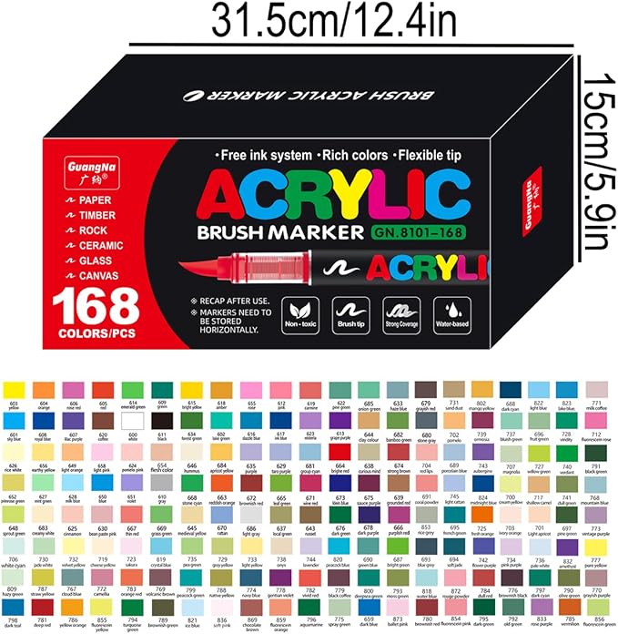 Acrylic Paint Markers, 168 Colors Acrylic Markers Set, Brush Tip