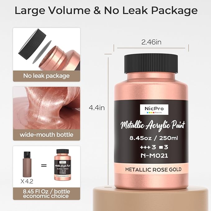 Nicpro Metallic Rose Gold Acrylic Paint, 8.45oz/250ml Gold Leaf Paint | Large, Non Toxic, Non Fading Gold Paints for Metal, Wood, Craft, Clay, Fabric, Canvas, Furniture, Handcrafts, Art Supplies