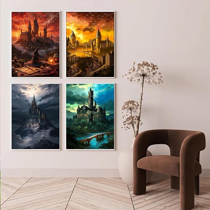 4 Pack Castle Paint by Numbers Kit for Adults Framed Canvas Frameworkless | Easy Adult Paint by Number Kits on Canvas DIY 4 Pack Castle Painting for Beginners Art by Numbers for Home Wall Decor Gift