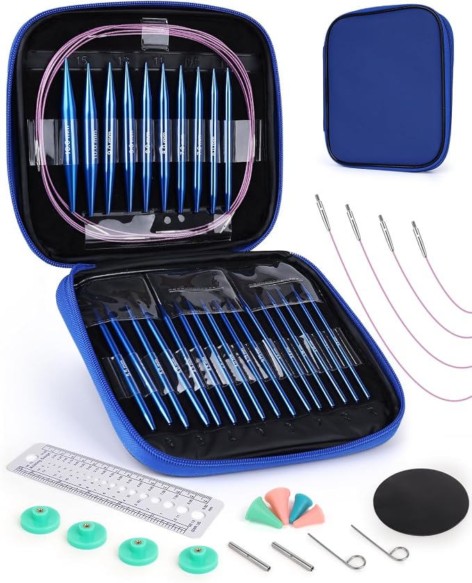 Aeelike 13 Pair Interchangeable Circular Knitting Needles 3-10 mm, Blue | Aluminum Interchangeable Knitting Needles with 4 Cables, Smooth Complete Needles Set for Socks Blankets Sweaters, Ideal Gift