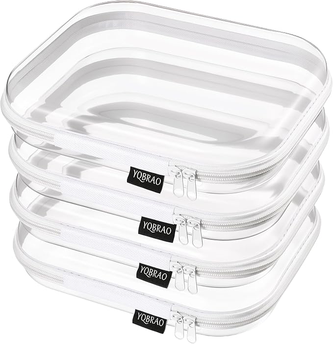 YQBRAO Clear Hard Shell Zipper Cases, 4 Medium Makeup Organizers, White