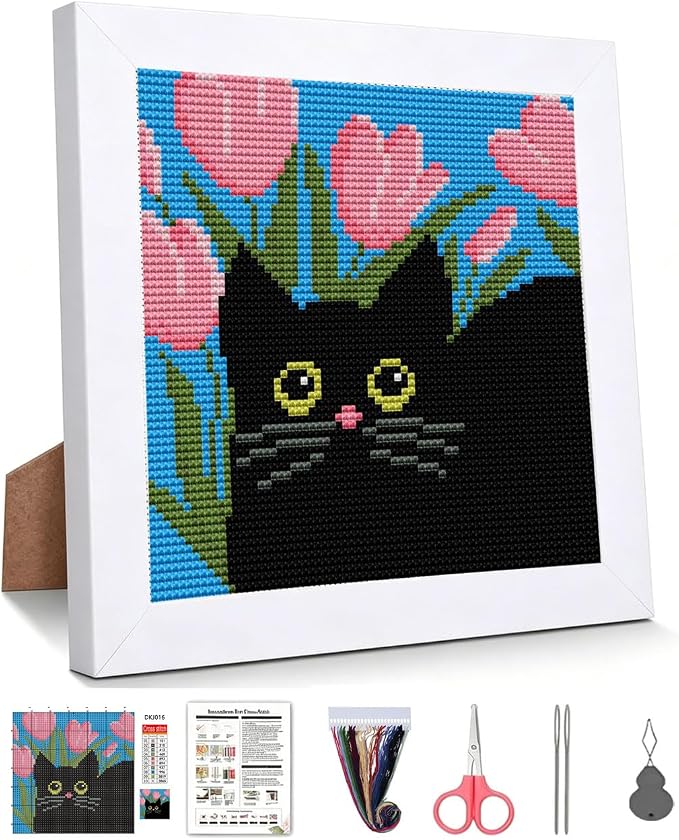 Black Cat Stamped Cross Stitch Kits for Beginners Adults with Framed | Flower Needlepoint Counted Cross Stitch Kits for Beginners Adults with Framed Embroidery Kits Arts and Crafts 6 x 6 inch