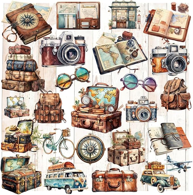 CATaireen Vintage Junk Journal Ephemera Scrapbooking Supplies Translucent Vellum Paper Stickers Card Making Decal Art Aesthetic for Adults (Character Travel -1)
