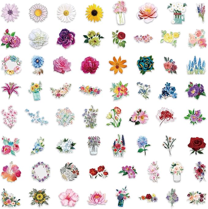 60 PCS Transparent Colorful PET Floral Stickers, for Water Bottle Laptop Cars Guitar Skateboard Bumper Vintage Waterproof Music Stickers for Teens Adults (Colourful-F10)
