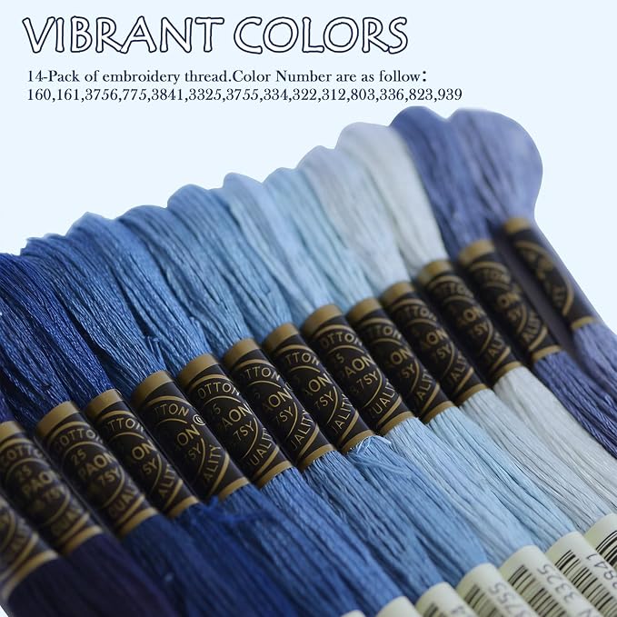Premium Rainbow Color Embroidery Floss - Cross Stitch Threads - Friendship Bracelets Floss - Crafts Floss - 14 Skeins Per Pack Embroidery Floss, Electric Blue Gradient