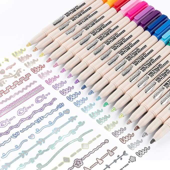 TRANSON 18pcs Outline Shimmering Markers with Metallic for Fun Art Drawing Craft DIY