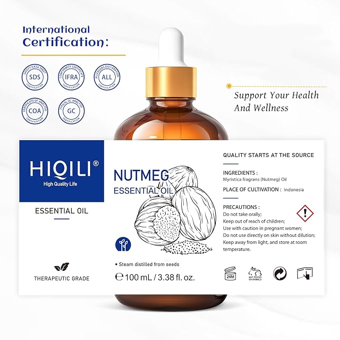 HIQILI Nutmeg Essential Oil for Aromatherapy Diffuser,Massage & Skin Care