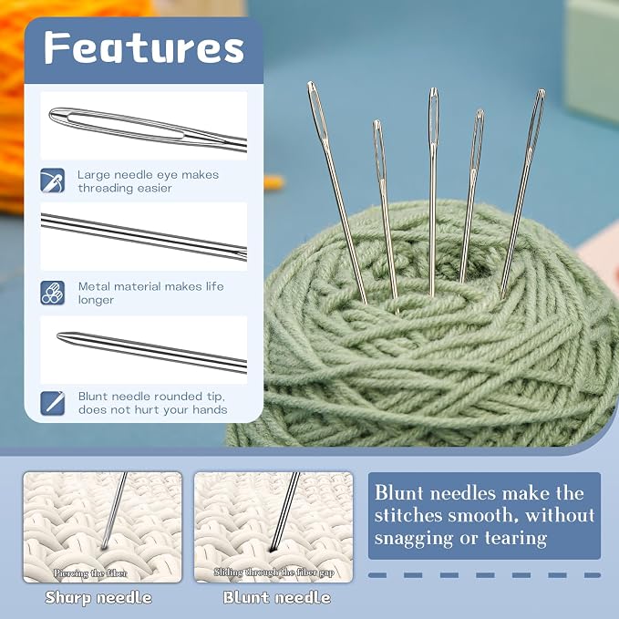 TLKKUE 100/40 Pcs Large-Eye Blunt Needles, Steel Tapestry Needle 8 Sizes | Needle Threader Thimble, Steel Yarn Needles for Sewing Knitting Crafting Weaving Crochet Tapestry (Silver, 8 sizes/40 pcs)