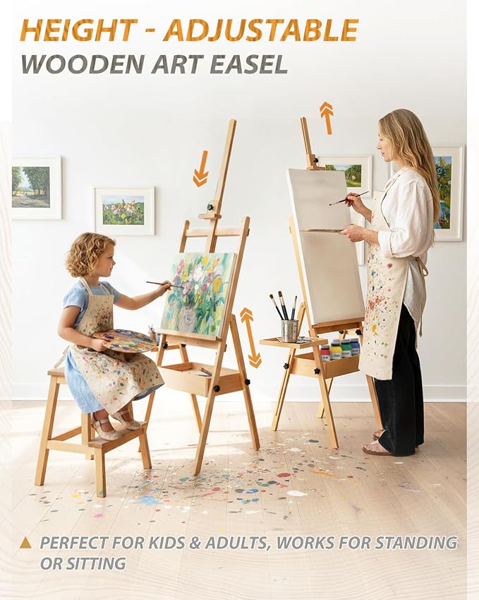 Painting Art Easel with Storage, 57"-72" Height Adjustable Easel Stand | Foldable beech wood easel with drawer trays,H-frame artist easel stand for painting,Wooden floor easel holds canvas up to 36"