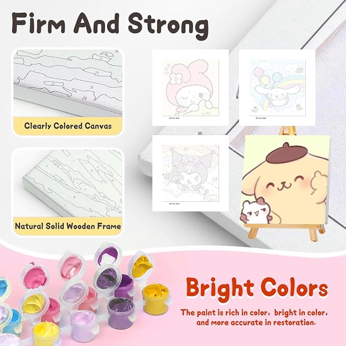 nekpiahu 6 Pack Cartoon Paint by Numbers for Kids with Framed Canvas-Cartoon Paint by Numbers for Kids Ages 4-8-12, Kid Paint by Number Crafts Kits for Home Wall Decor GIF 8X8incht(with Wooden Easel)