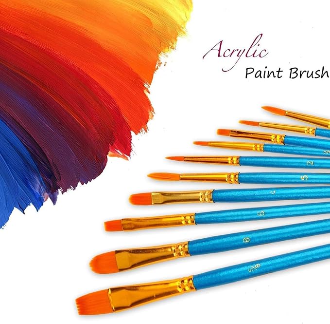 Soucolor 40-Pc Paint Brushes, Round Tip, Acrylic Oil Watercolor, Blue | 40pcs, 10 sizes, soft nylon bristles, nickel ferrules, blue wood handles — ideal for acrylic, oil, face, nail & rock art.
