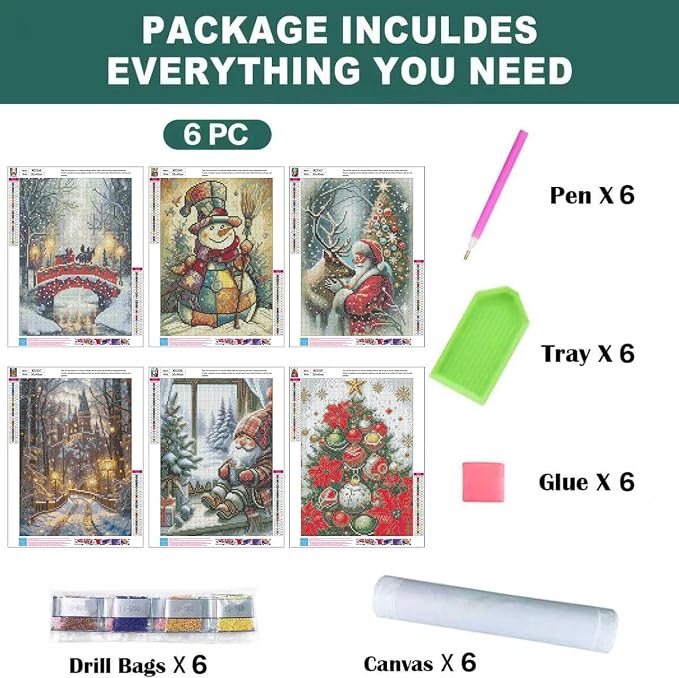 6 Pack Christmas Diamond Art Kits for Adults Christmas Diamond Painting Kit