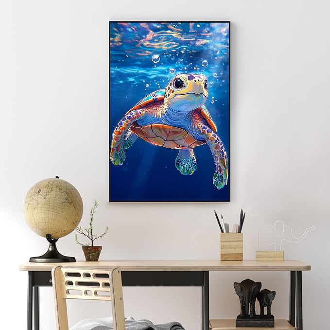 Sea Turtle Framed Paint by Numbers Kit for Adults Beginner & Kids Ages 8-12 | With Frame Canvas 8x12 inch, DIY Acrylic Painting by Numbers Sea Turtle, Stress Relief Craft Kits, Home Wall Decor Gift