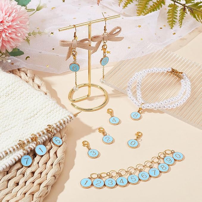 BENECREAT 11Pcs Alloy Enamel Number 0~9 Knitting Row Counter Chains and Blue Enamel Charm Locking Stitch Markers with Lobster Claw Clasps for Knitting Weaving Sewing Accessories