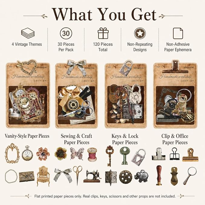 120 Pcs Vintage Scrapbooking Supplies for Junk Journal, Creative DIY Journaling Kit, Non-Adhesive Paper Ephemera for Decoration and Collage