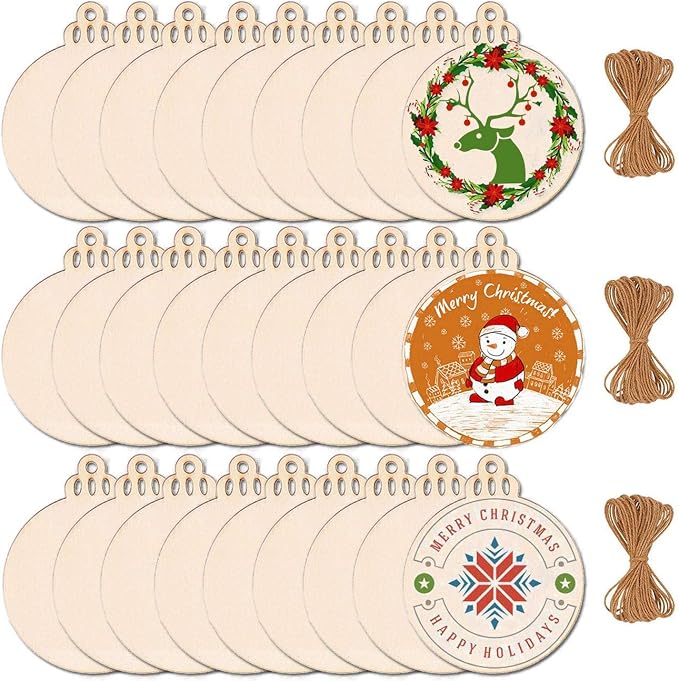 Max Fun 60PCS 3.5" DIY Wooden Christmas Ornaments Wood Slices for Crafts | Blank Unfinished Predrilled Wood Slices Circles, Round Centerpieces Discs, Holiday Hanging Decorations