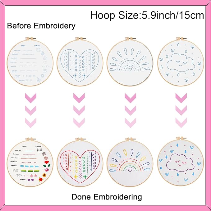 Louise Maelys 12 Pre-Stamped Embroidery Kits for Beginners, Cross Stitch for Kids Girls,DIY Needlepoint Craft Sewing,Practice Kit Supplies,Funny Cute Pattern,Perfect for Ages 8+