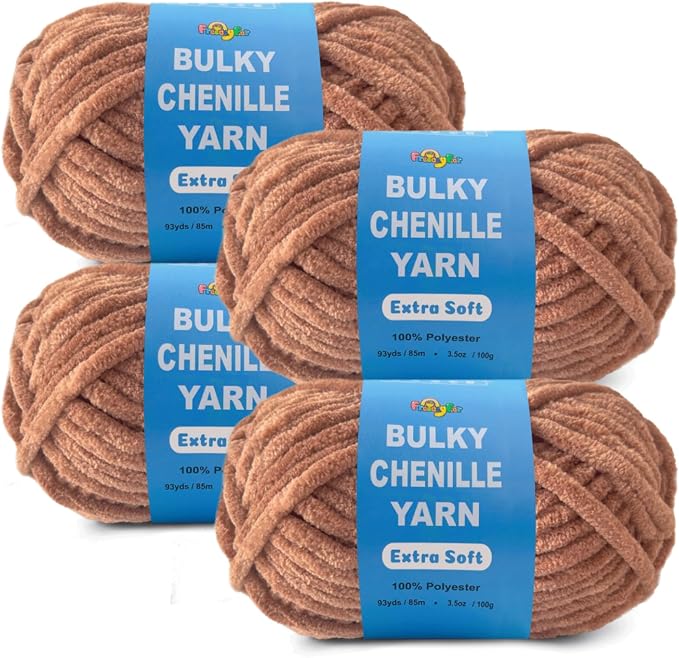 4 * 3.5Oz Soft Velvet Yarn Chenille Yarn for Crocheting and Knitting – Light Bulky (93 Yards/100g) - Microfiber Polyester - Yarn for Blanket Amigurumi Weaving Crafts (Mocha Brown, 4 Pack)