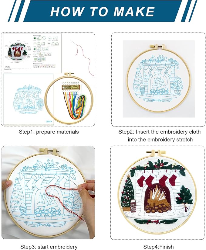 Zhenqing Christmas Embroidery Kit for Beginners - 4 Piece 29x29cm Round Designs with Embroidery Hoop, Threads & Tools (Snowy Cabin, Fireplace, Candy Cane, Holly)(C0066)