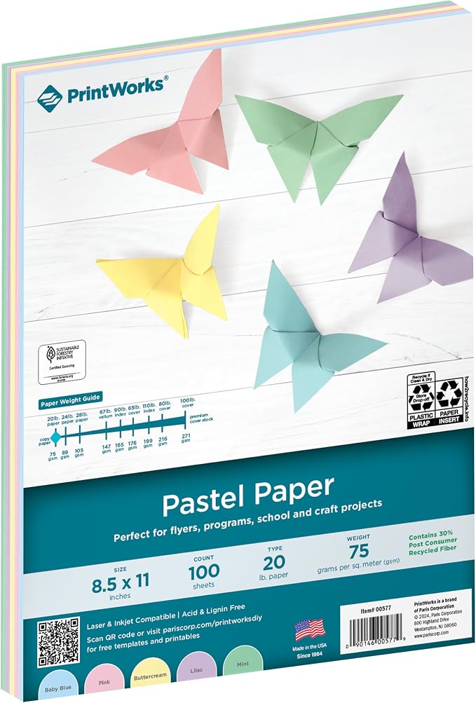 PrintWorks Pastel Paper 8.5" x 11" - 100 Sheets - 5 Assorted Pastel Colors - 30% Recycled Colored Paper - Ideal for School & Craft Projects - Made in the USA - SFI® Certified - 20 lb/75 gsm (00577)