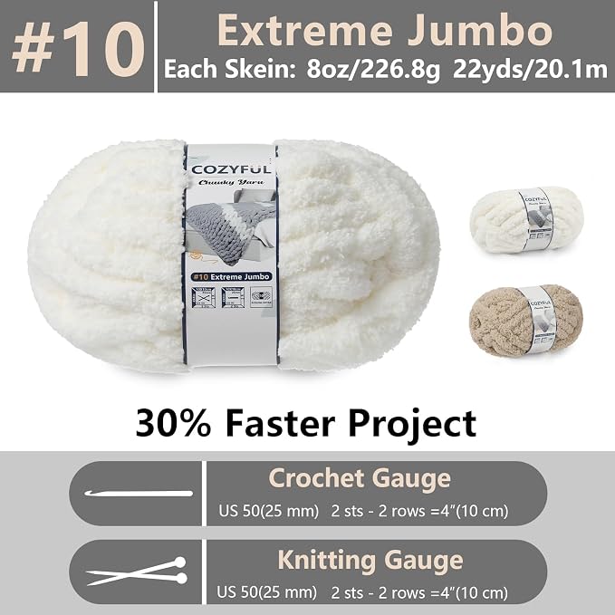 Cozyful Chunky Yarn for Hand Knitting - #10 Chunky Chenille Yarn, Jumbo Big Thick Chunky Yarns for Crocheting, Super Bulky Chunky Knit Blanket Yarns, 8 Skein (22yd, 8oz/Skein), Cream & Khaki