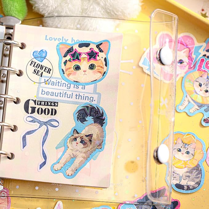 120Pcs Holographic Cat Stickers with Iridescent Finish Cute Kitten Vinyl Decals for Laptop Water Bottle Scrapbook Phone Case Waterproof Animal Stickers for Adults Pet Lovers