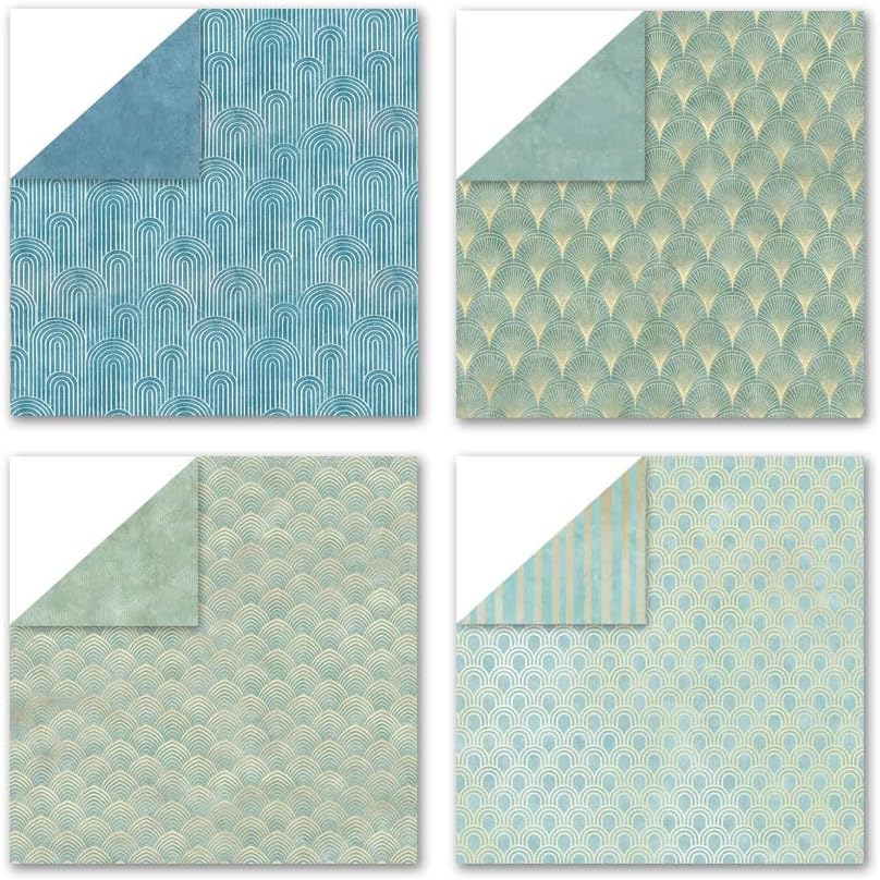 Teal Color Art Deco Scrapbook Paper 24 Sheets Pattern Paper Double Sided Printing for DIY Card Making Scrapbook Wedding Photo Album Home Décor-12 x 12 Inches