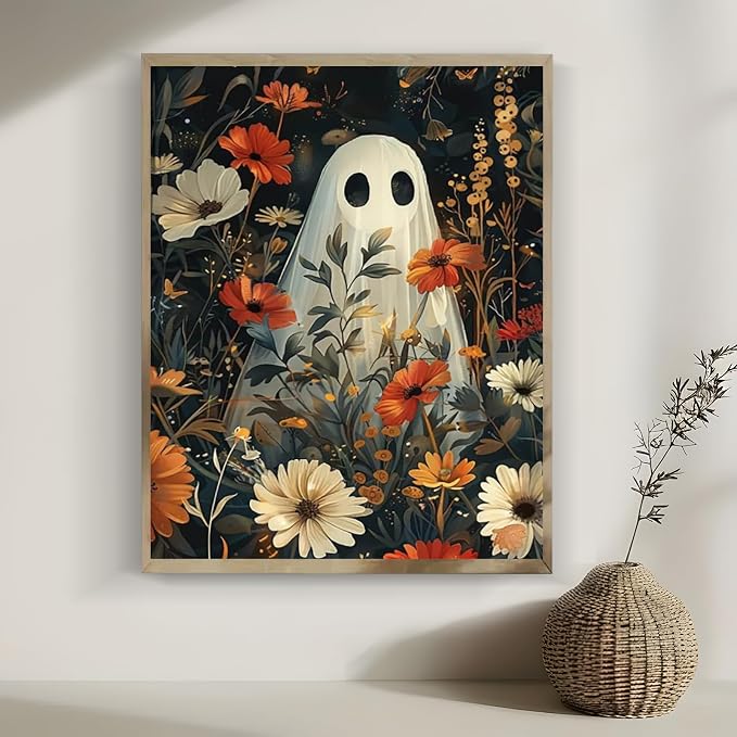 LKHMVCA Halloween Ghost Daisy Flower Paint by Number Kits for Adults, DIY Paint by Numbers Kits for Adults Beginners Without Frame, Acrylic Paint Canvas Painting Kits Art for Home Decor 16x20 Inch