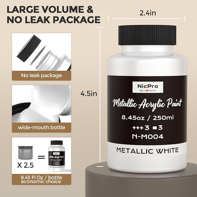 Nicpro Metallic Pearl White Acrylic Paint, 8.45oz/250ml White Craft Paint | Large Pearlescent Non Toxic, Non Fading Paints for Metal, Wood, Clay, Canvas, Ceramic, Furniture, Handcrafts, Art Supplies