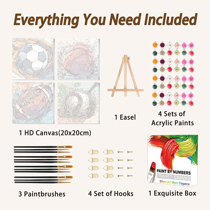 AUKELHJ 4 Pack Framed Paint by Numbers Kit for Adults, Sport, 8x8 inch