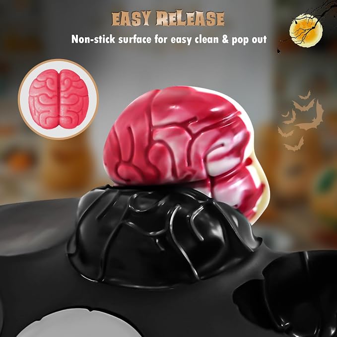 HKNMTT Halloween Brain Silicone Molds 2 Pack 6 Cavity, Spooky Brain Shape Baking Tray for Chocolate Candy Wax Melts Tarts Cupcake Pizza Cake Oven Safe Food Grade Moulds for Kids Party DIY Fun