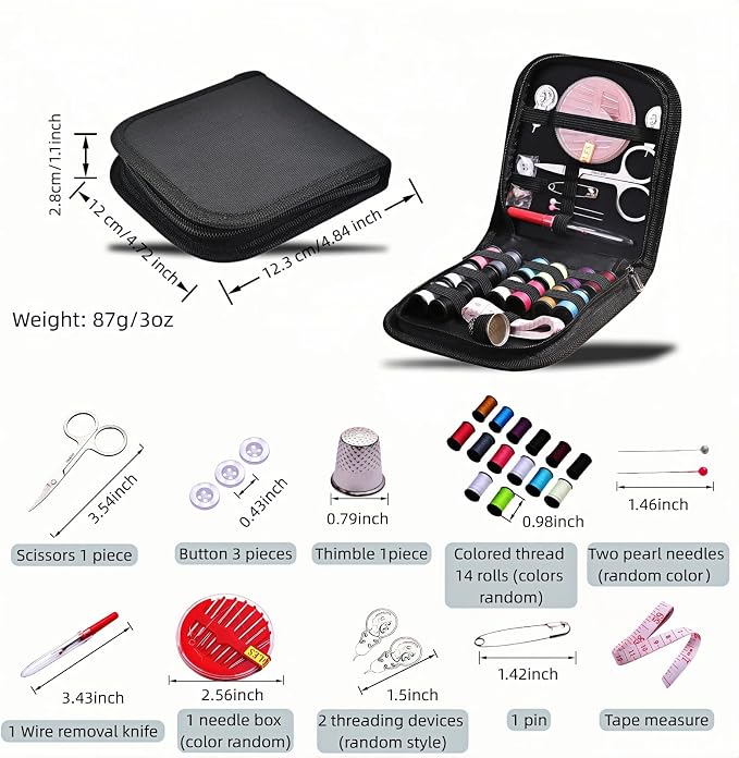 Portable Sewing Kit with 14 Threads & Scissors, Mini Travel Sewing Kit for Beginners & Adults, Emergency Sewing Set for Travelers, Gifts for Grandma Mom Friends, Compact Sewing Accessories (Black)