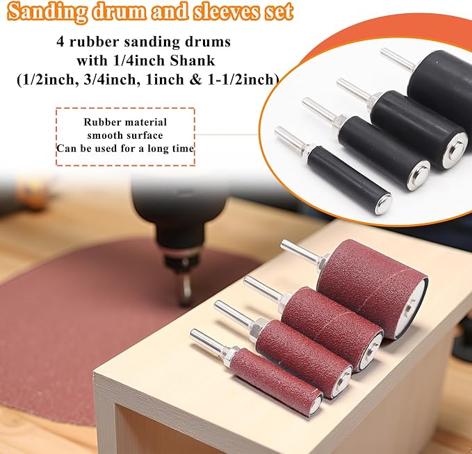 187-Piece Sanding Drum Kit for Drill & Drill Press – Includes 2inch Spindle Sander Sleeves (60/80/120/240 Grit), 4 Rubber Sanding Drums, 1/4-Inch Shank,Versatile Sander Accessory with Box
