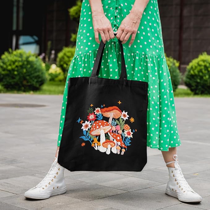 Louise Maelys Embroidery Kit Canvas Tote Bag with Mushroom Floral Pattern